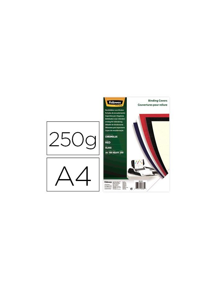 Tapa de encuadernacion fellowes din a4 carton brillo rojo chromolux 250 gr pack de 100 unidades Tapa de encuadernacion fellowes din a4 carton brillo rojo chromolux 250 gr pack de 100 unidades