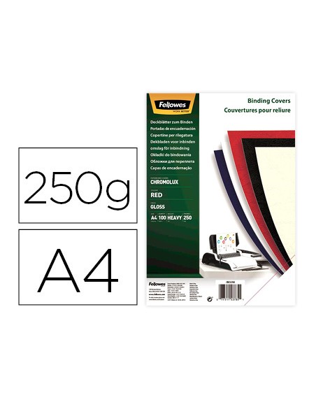Tapa de encuadernacion fellowes din a4 carton brillo rojo chromolux 250 gr pack de 100 unidades
