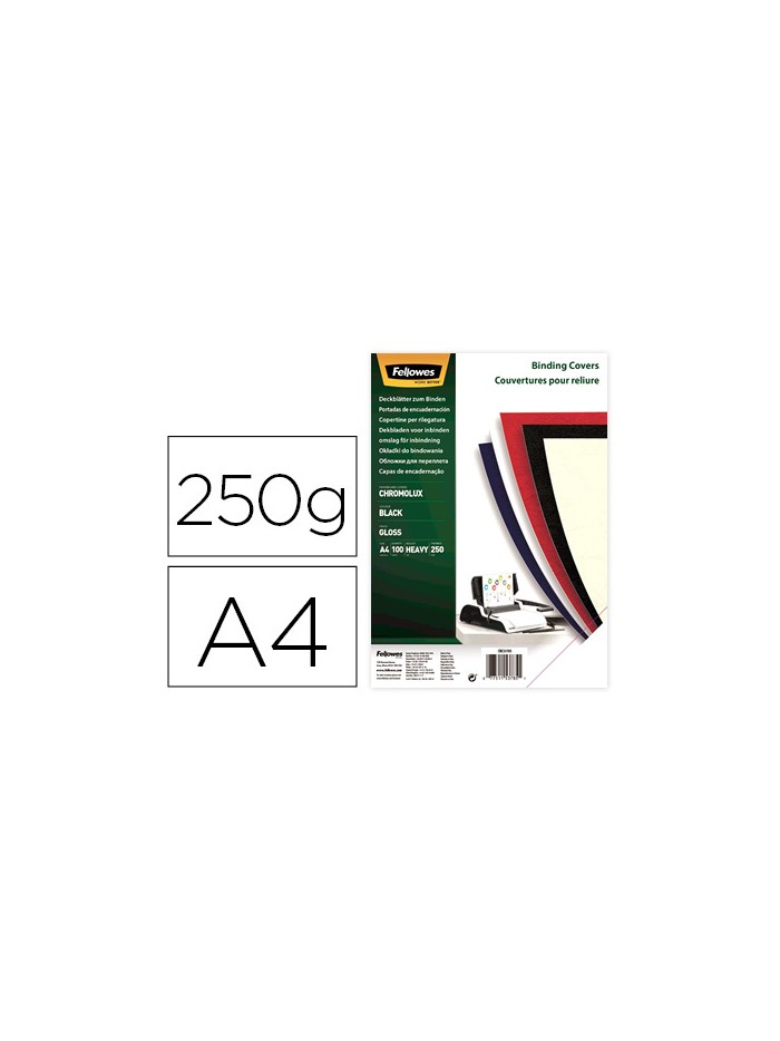 Tapa de encuadernacion fellowes din a4 carton brillo negro chromolux 250 gr pack de 100 unidades Tapa de encuadernacion fellowes din a4 carton brillo negro chromolux 250 gr pack de 100 unidades