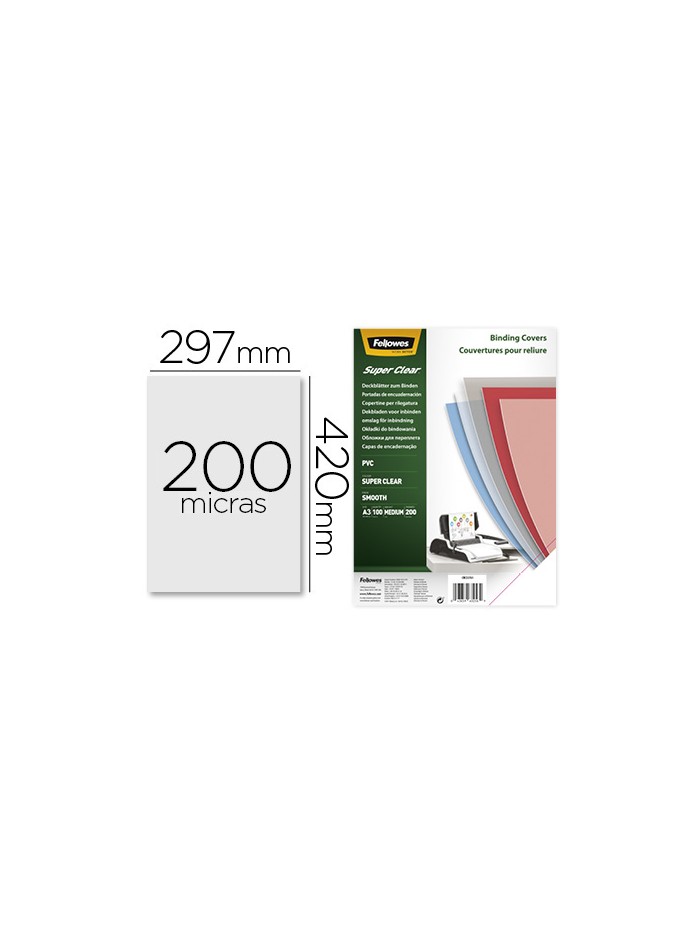 Tapa de encuadernacion fellowes din a3 pvc transparente cristal 200 micras pack de 100 unidades Tapa de encuadernacion fellowes din a3 pvc transparente cristal 200 micras pack de 100 unidades