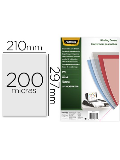 Tapa de encuadernacion fellowes din a4 pvc transparente cristal 200 micras pack de 100 unidades