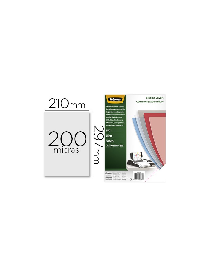 Tapa de encuadernacion fellowes din a4 pvc transparente cristal 200 micras pack de 100 unidades Tapa de encuadernacion fellowes din a4 pvc transparente cristal 200 micras pack de 100 unidades