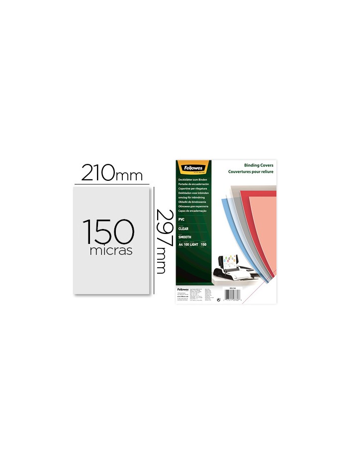 Tapa de encuadernacion fellowes din a4 pvc 150 micras transparente pack de 100 unidades Tapa de encuadernacion fellowes din a4 pvc 150 micras transparente pack de 100 unidades