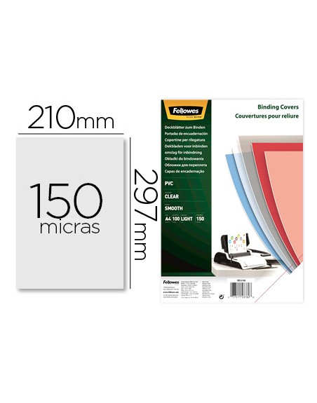 Tapa de encuadernacion fellowes din a4 pvc 150 micras transparente pack de 100 unidades