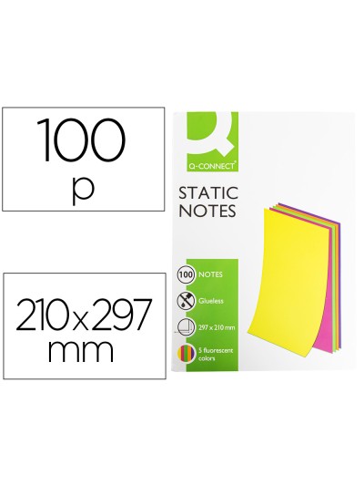 Bloc de notas electrostaticas quita y pon q-connect 210x297mm 100 hojas 5 colores fluorescentes