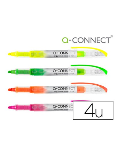 Rotulador q-connect fluorescente punta biselada tinta liquida bolsa de 4 unidades colores surtidos
