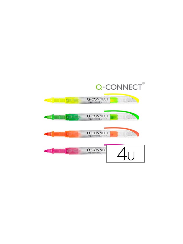 Rotulador q-connect fluorescente punta biselada tinta liquida bolsa de 4 unidades colores surtidos Rotulador q-connect fluorescente punta biselada tinta liquida bolsa de 4 unidades colores surtidos