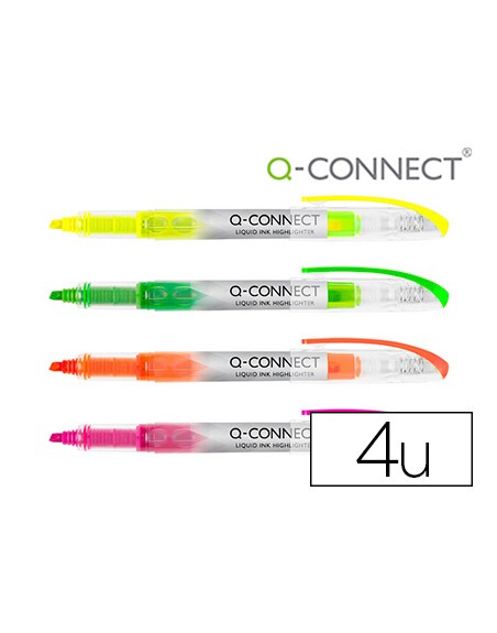 Rotulador q-connect fluorescente punta biselada tinta liquida bolsa de 4 unidades colores surtidos