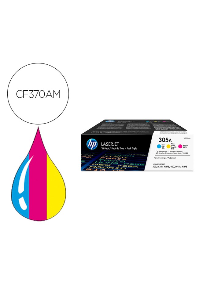 Toner hp 305a laserjet pro 300 / m351 / 400 / m451 / mfp m375 / mfp m475 pack color amarillo cian magenta 2600 Toner hp 305a laserjet pro 300 / m351 / 400 / m451 / mfp m375 / mfp m475 pack color amarillo cian magenta 2600