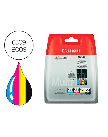Ink-jet canon 551 c/m/y/bk pixma ip8750 / ix6850 / mg5550 / mg6450 / mg7150 / mx725 / mx925 pack 4 colores