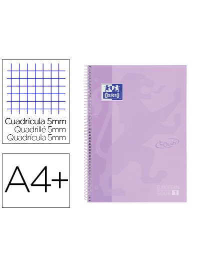 Cuaderno espiral oxford ebook 1 school touch te din a4+ 80 hojas cuadro 5 mm con margen malva pastel