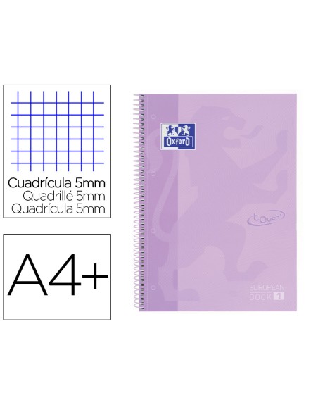 Cuaderno espiral oxford ebook 1 school touch te din a4+ 80 hojas cuadro 5 mm con margen malva pastel