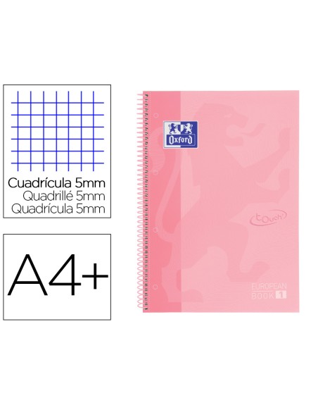 Cuaderno espiral oxford ebook 1 school touch te din a4+ 80 hojas cuadro 5 mm con margen flamingo pastel