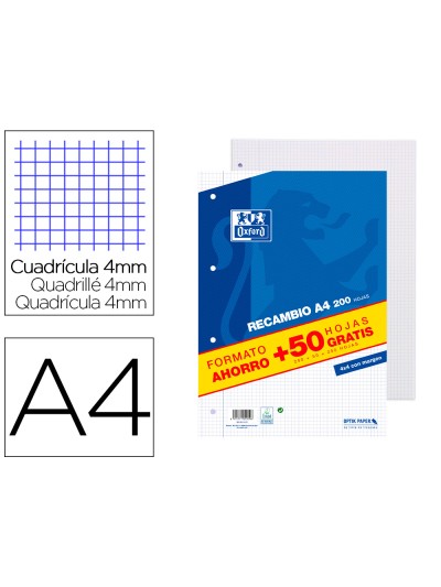 Recambio oxford a4 200 + 50 hojas gratis cuadro 4 mm con margen