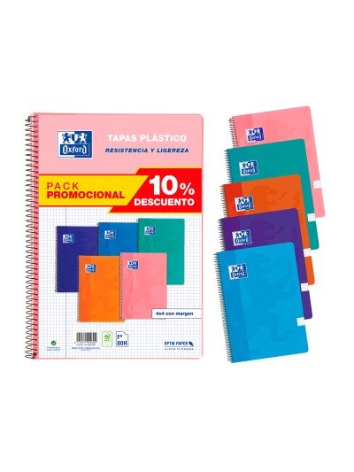 Cuaderno espiral oxford tapa plastico folio 80 hojas cuadro 4 mm pack 5 unidades colores tendecias