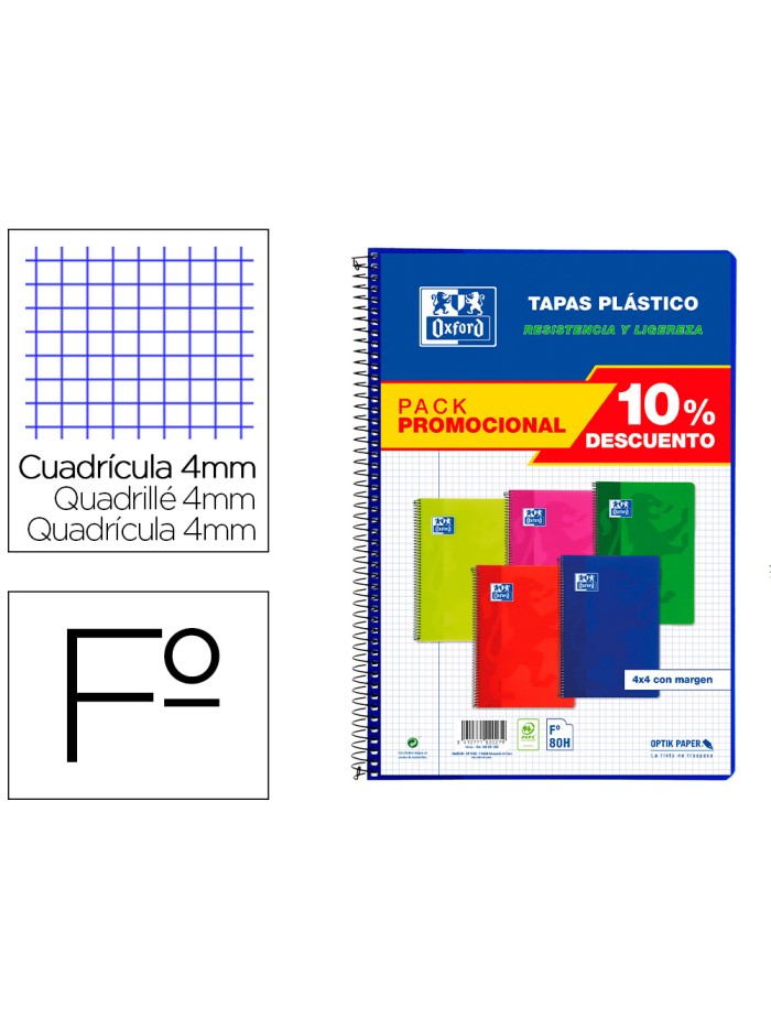 Cuaderno espiral oxford tapa plastico folio 80 hojas cuadro 4 mm pack 5 unidades colores vivos Cuaderno espiral oxford tapa plastico folio 80 hojas cuadro 4 mm pack 5 unidades colores vivos