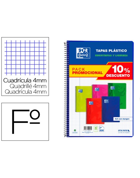 Cuaderno espiral oxford tapa plastico folio 80 hojas cuadro 4 mm pack 5 unidades colores vivos