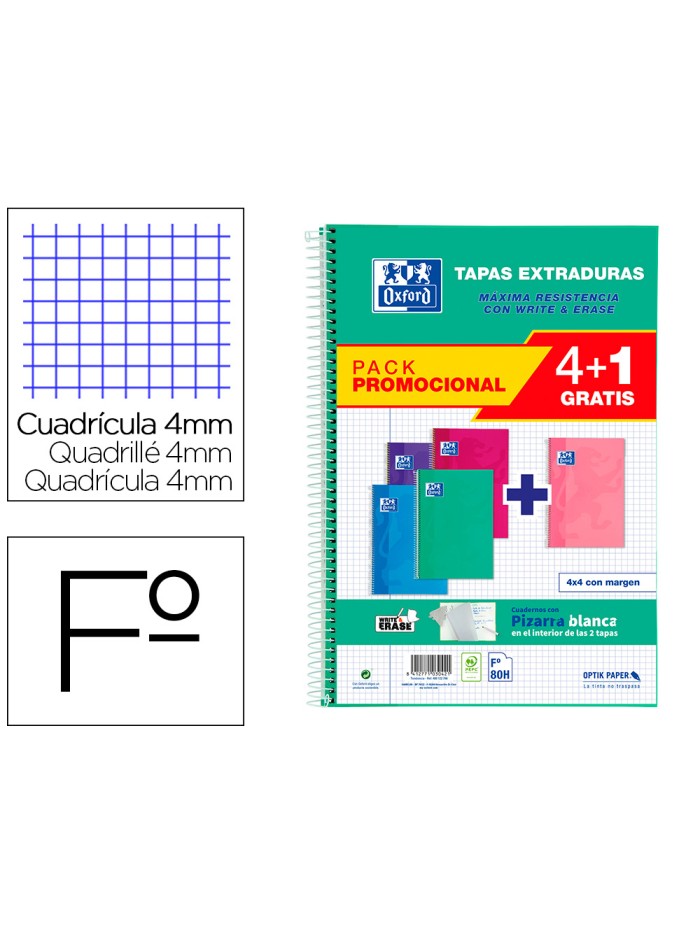 Cuaderno espiral oxford tapa extradura folio 80 hojas cuadro 4 mm con pizarra blancapack 4+1 colores tendencia Cuaderno espiral oxford tapa extradura folio 80 hojas cuadro 4 mm con pizarra blancapack 4+1 colores tendencia