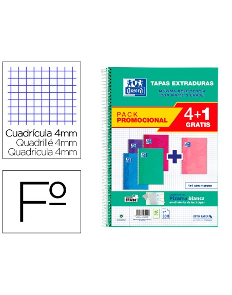 Cuaderno espiral oxford tapa extradura folio 80 hojas cuadro 4 mm con pizarra blancapack 4+1 colores tendencia
