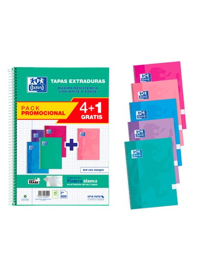 Cuaderno espiral oxford tapa extradura folio 80 hojas cuadro 4 mm con pizarra blancapack 4+1 colores tendencia