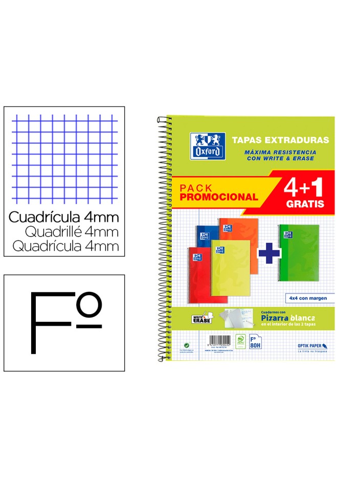 Cuaderno espiral oxford tapa extradura folio 80 hojas cuadro 4 mm con pizarra blancapack 4+1 colores clasicos Cuaderno espiral oxford tapa extradura folio 80 hojas cuadro 4 mm con pizarra blancapack 4+1 colores clasicos