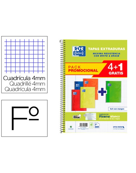 Cuaderno espiral oxford tapa extradura folio 80 hojas cuadro 4 mm con pizarra blancapack 4+1 colores clasicos