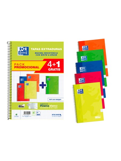 Cuaderno espiral oxford tapa extradura folio 80 hojas cuadro 4 mm con pizarra blancapack 4+1 colores clasicos