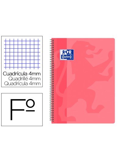 Cuaderno espiral oxford school classic tapa polipropileno folio 80 hojas cuadro 4 mm con margen rosa