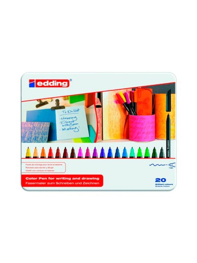 Rotulador edding punta fibra 1200 caja metalica 20 colores surtidos exp.8 unidades + 8 blister 4 edding 1340 regalo