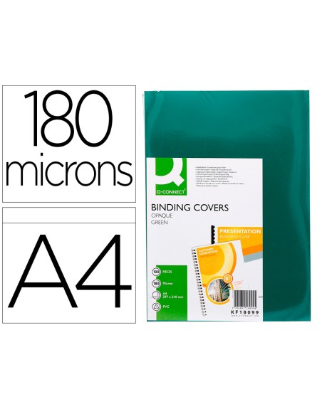 Tapa de encuadernacion q-connect pvc din a4 opaca verde 180 micras caja de 100 unidades