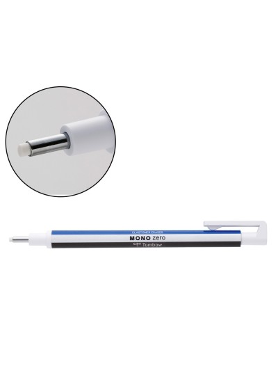 Portagomas tombow mono zero con clip goma redonda 2,3 mm diametro color azul blanco y negro