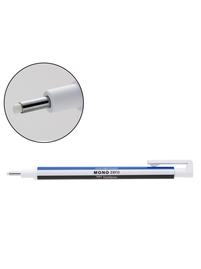 Portagomas tombow mono zero con clip goma redonda 2,3 mm diametro color azul blanco y negro Portagomas tombow mono zero con clip goma redonda 2,3 mm diametro color azul blanco y negro
