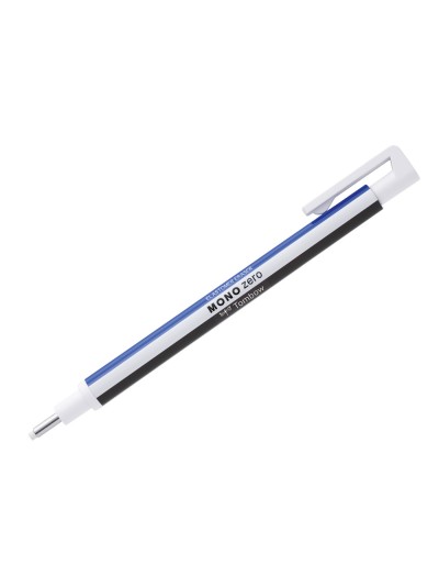 Portagomas tombow mono zero con clip goma redonda 2,3 mm diametro color azul blanco y negro