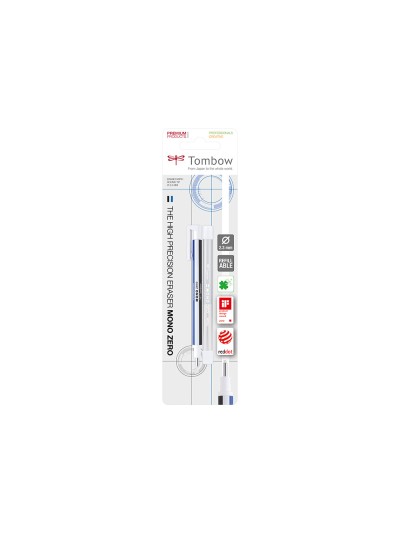 Portagomas tombow mono zero con clip goma redonda 2,3 mm diametro color azul blanco y negro