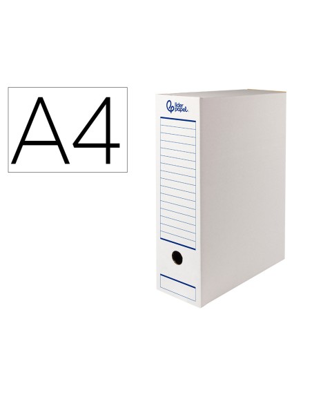 Caja archivo definitivo automatica liderpapel din a4 carton reciclado 325g/m2 lomo 100 mm blanco 360x100x255mm