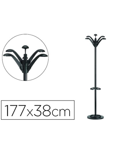 Perchero metalico unilux flora pie 6 colgadores con paraguero y bandeja goteo negro 177x38 cm