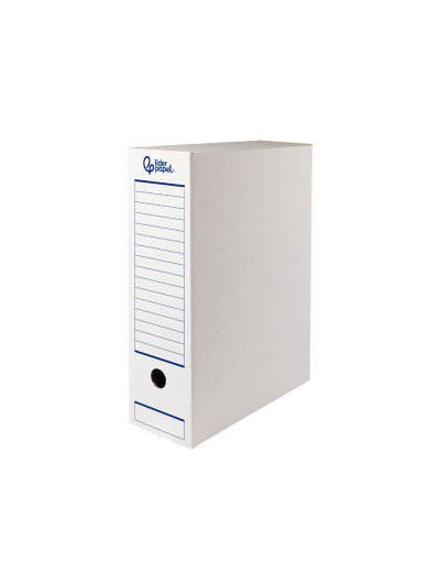 Caja archivo definitivo automatica liderpapel din a4 carton reciclado 325g/m2 lomo 100 mm blanco 360x100x255mm