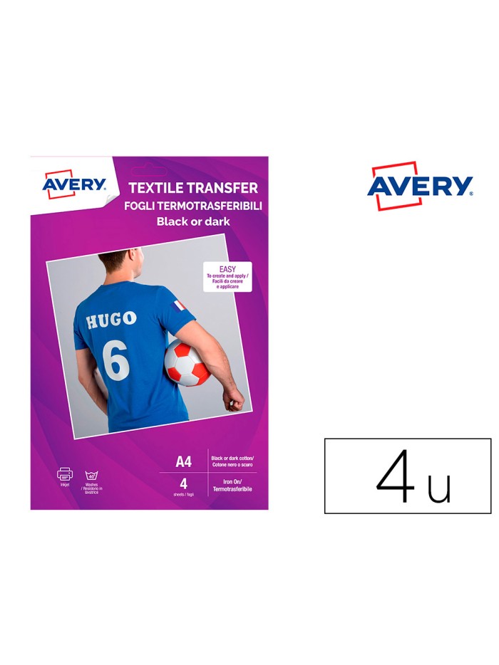 Papel transfer avery algodon oscuros ink-jet din a4 pack de 4 hoja Papel transfer avery algodon oscuros ink-jet din a4 pack de 4 hoja