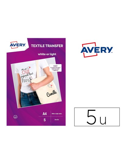 Papel transfer avery algodon claros ink-jet din a4 pack de 5 hojas