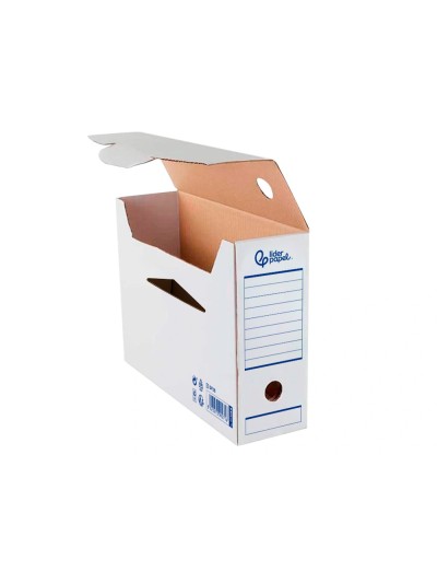 Caja archivo definitivo automatica liderpapel din a4 carton reciclado 325g/m2 lomo 100 mm blanco 360x100x255mm