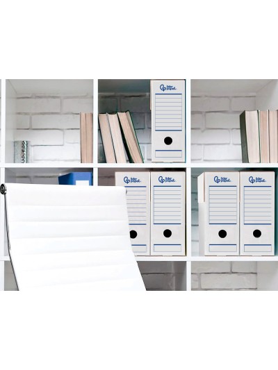 Caja archivo definitivo automatica liderpapel din a4 carton reciclado 325g/m2 lomo 100 mm blanco 360x100x255mm