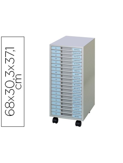 Archivador metalico clen 20 bandejas plastico de 2,5 cm de altura con ruedas color gris claro 680x303x371 mm