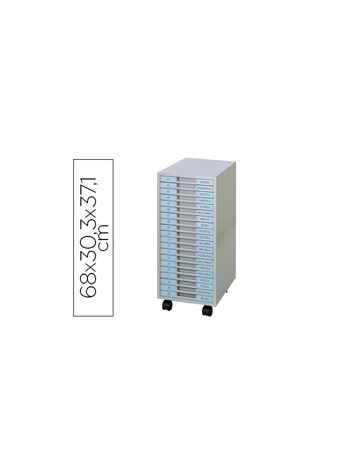 Archivador metalico clen 20 bandejas plastico de 2,5 cm de altura con ruedas color gris claro 680x303x371 mm Archivador metalico clen 20 bandejas plastico de 2,5 cm de altura con ruedas color gris claro 680x303x371 mm