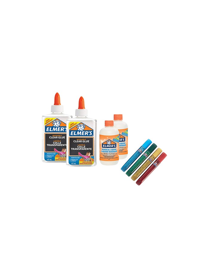 Kit elmers fabricacion slime con 2 botes cola transparente + 2 botes liquido magico + 4 botes purpurina colores Kit elmers fabricacion slime con 2 botes cola transparente + 2 botes liquido magico + 4 botes purpurina colores