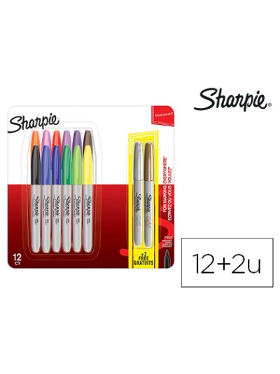 Rotulador sharpie permanente punta fina blister de 12 unidades colores surtidos + 2 unidades color