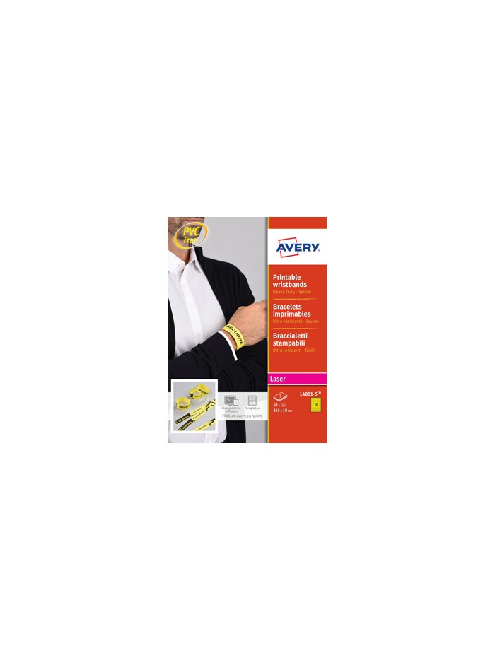 Pulsera identificativa avery polietileno amarillo fluorescente imprimible laser 265x18 mm pack de 50 unidades Pulsera identificativa avery polietileno amarillo fluorescente imprimible laser 265x18 mm pack de 50 unidades