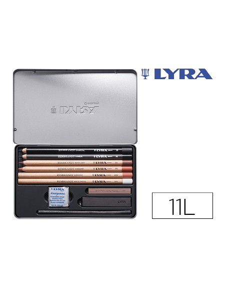 Lapices lyra rembrandt monocromo con accesorios para esbozos caja metalica de 11 unidades