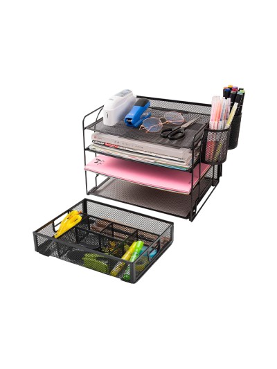 Organizador sobremesa q-connect kf17291 bandeja metalica rejilla negra con 6 departamentos 235x183x65 mm