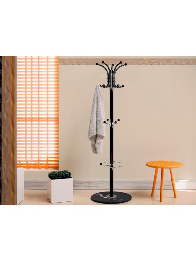 Perchero metalico q-connect negro de pie 10 colgadores y paraguero 174x40 cm