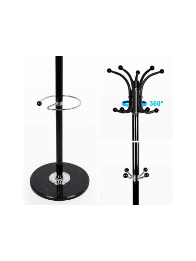 Perchero metalico q-connect negro de pie 10 colgadores y paraguero 174x40 cm